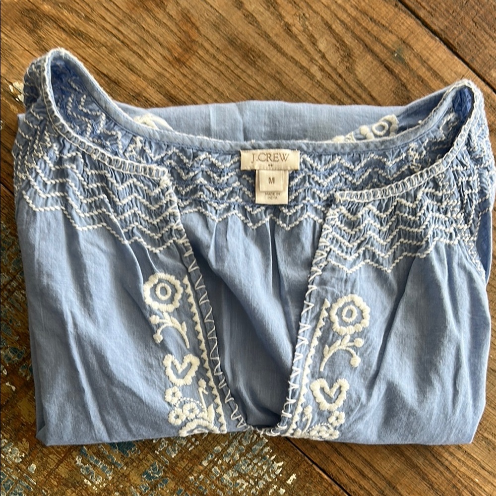 J.Crew Blue Puffed Short Sleeve Embroidered Blouse Size M